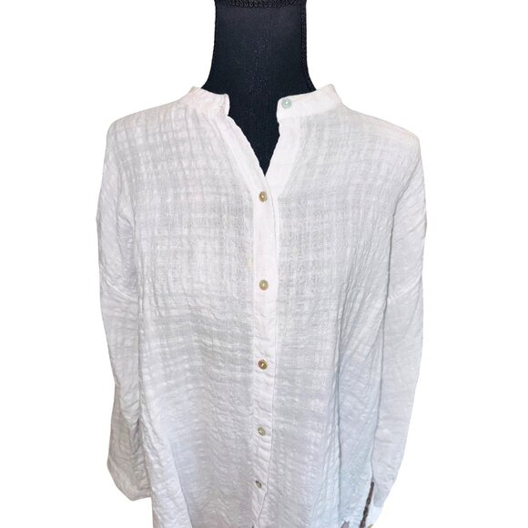 Eileen Fisher Linen Cotton Sheer Check Mandarin Collar Shirt Waffle Minimalist - Picture 3 of 9